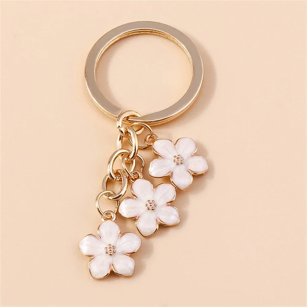 Cute Cherry Blossom Keychain Enamel Flower Pendant Key Chain Couple Car Key Holder Accessories For Women Girls Handbag Jewelry