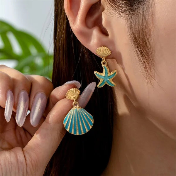 Fashion Asymmetric Ocean Style Earrings Stud For Women Starfish Shell Earring Ear Ring Imitation Pearl Zircon Jewelry Gift