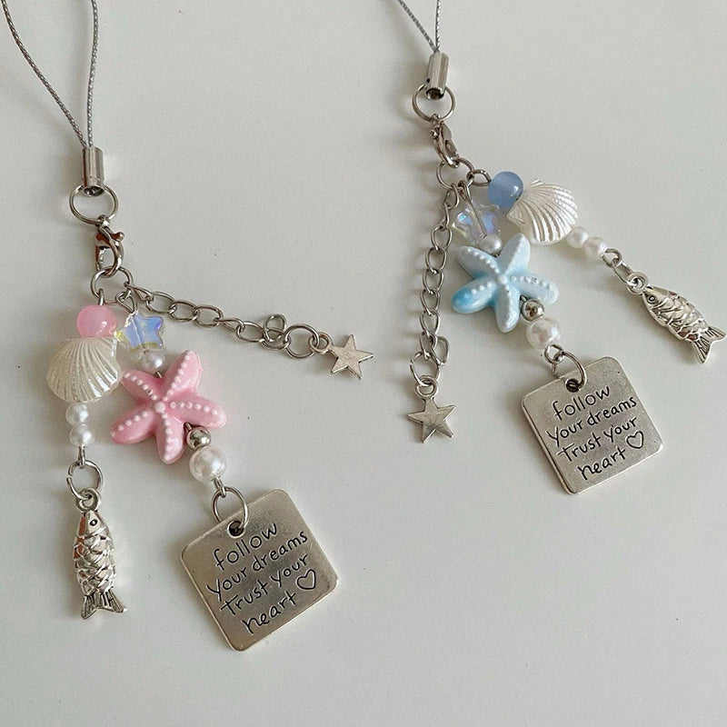 Summer Starfish Fish Phone Chain Y2K Sweet Beaded Mobile Phone Lanyard Keychain Girly Cute Ins Phone Charm Pendant