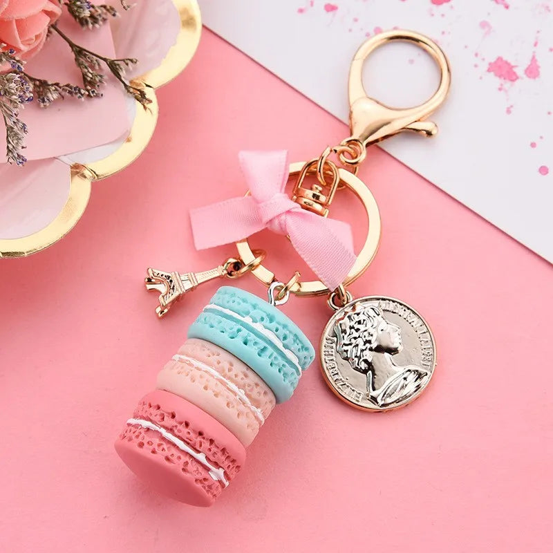 Lovely Macaron Cake Eiffel Tower Food Keychain Bowknot Car Keyring Bag Purse Pendant Food Cake Macaroon Key Chain