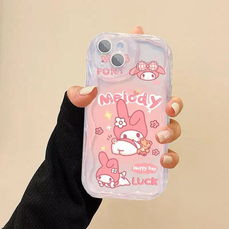 Cute Kuromi Melody Grip Tok Holder Wave Soft Phone Case For IPhone 15 Pro Max 14 11 12 13 Mini XR 6s 6 8 7 Plus X XS SE 2022