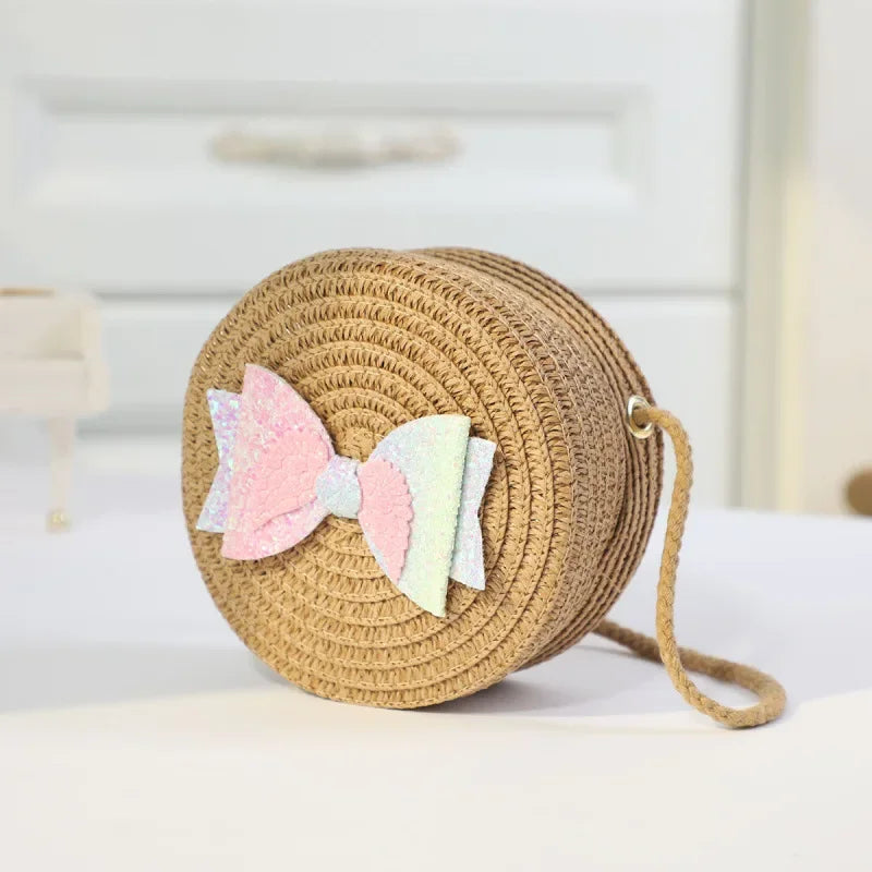 Fashion Round Woven Bow Girls Crossbody Bag Simple Baby Kids Beach Purse Clutch Casual Straw Flower Children's Shoulder Bags