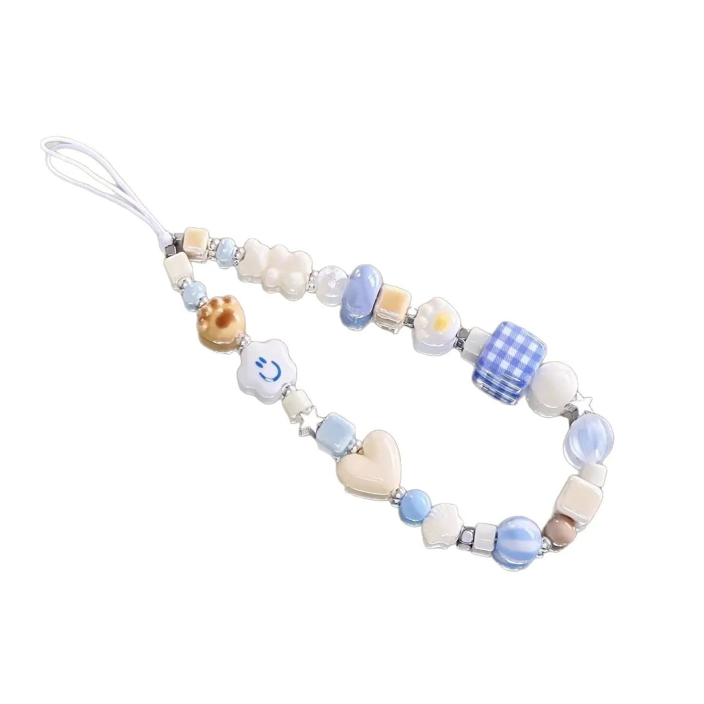 1Pc Blue Lovely INS Small Fresh Crystal Beaded Mobile Phone Lanyard Casual Cute Girl CCD Bag Key Chain Strap DIY Decor Pendant