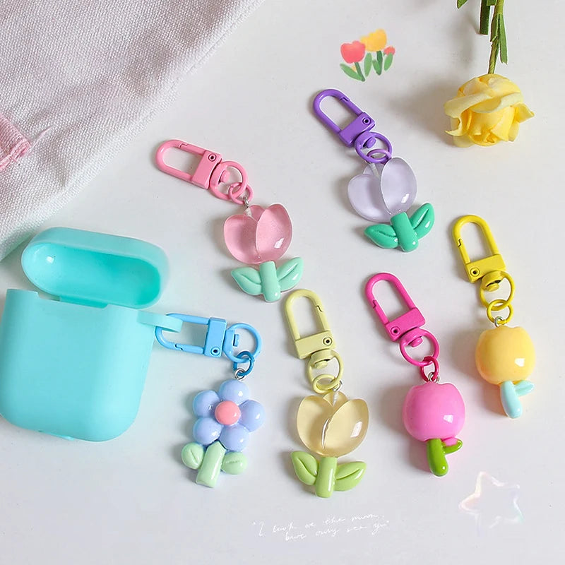 Resin Tulip Keychain Pendant Flower Girl Heart Cute Bag Ornament Headphone Key Case Decoration