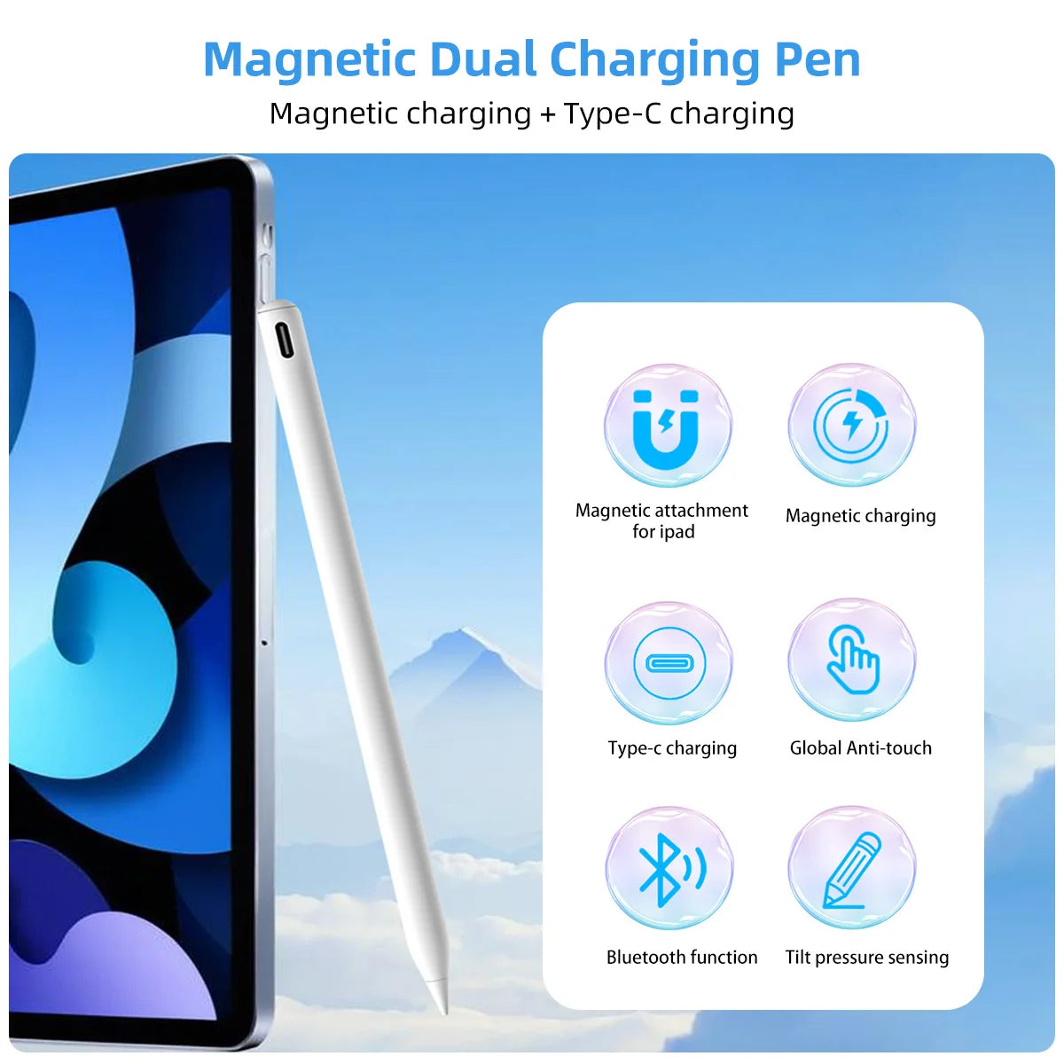 Stylus Pen for Apple iPad Magnetic Wireless Charging USB C Charging Palm Rejection Tilt Pen for iPad Pro Mini Air 2024 2022-2018