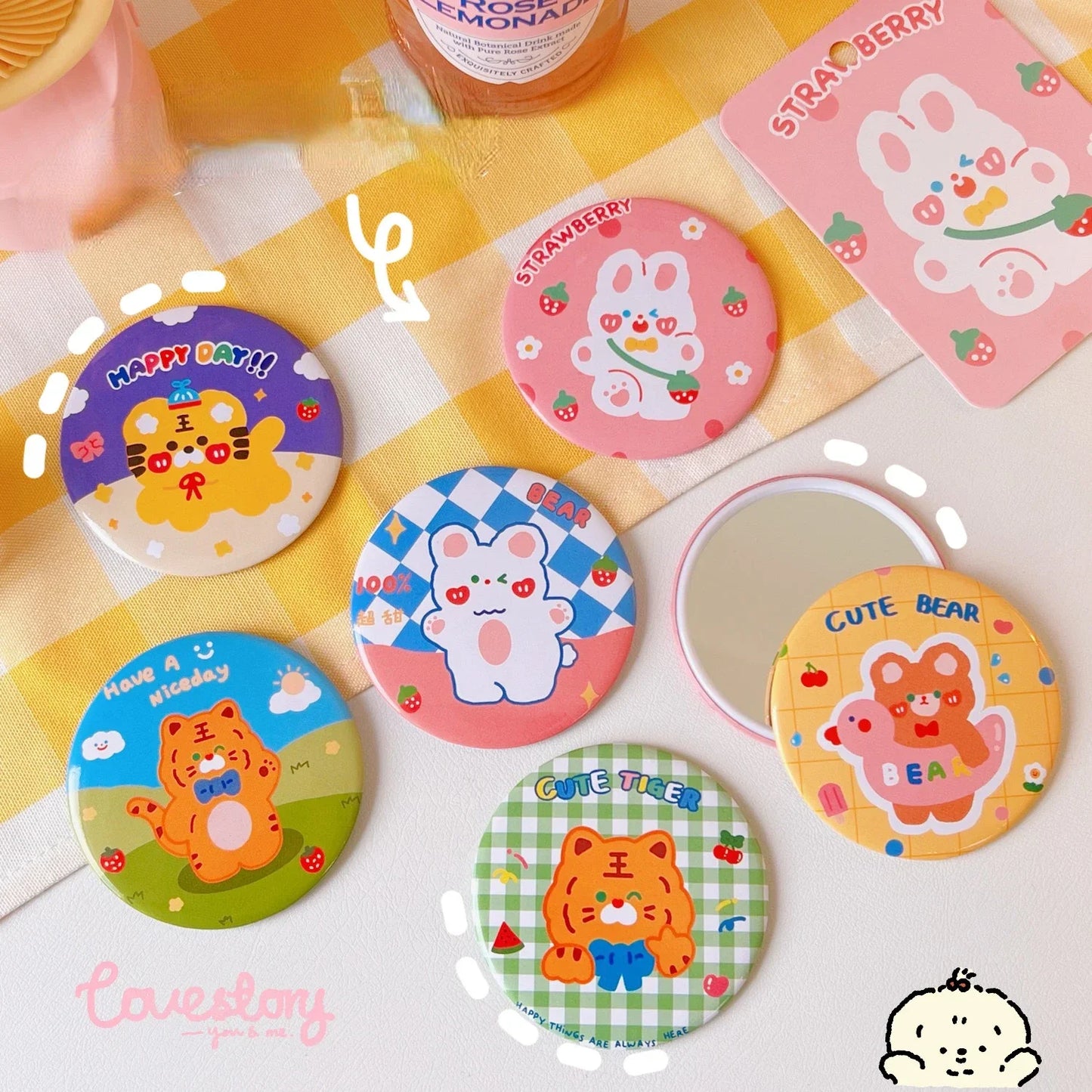 Cute Cartoon Small Makeup Mirror Portable Travel Women Girls Makeup Mini Round Mirror Kawaii Compact Single-sided Makeup Mirror