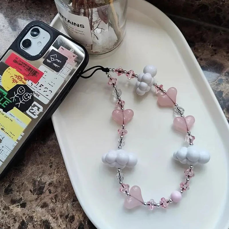 Y2K Korean Love Heart Phone Chains Girls Mobile Phone Charm Strap Sweet Cloud Pendant Phone Case Hanging Lanyard Accessories