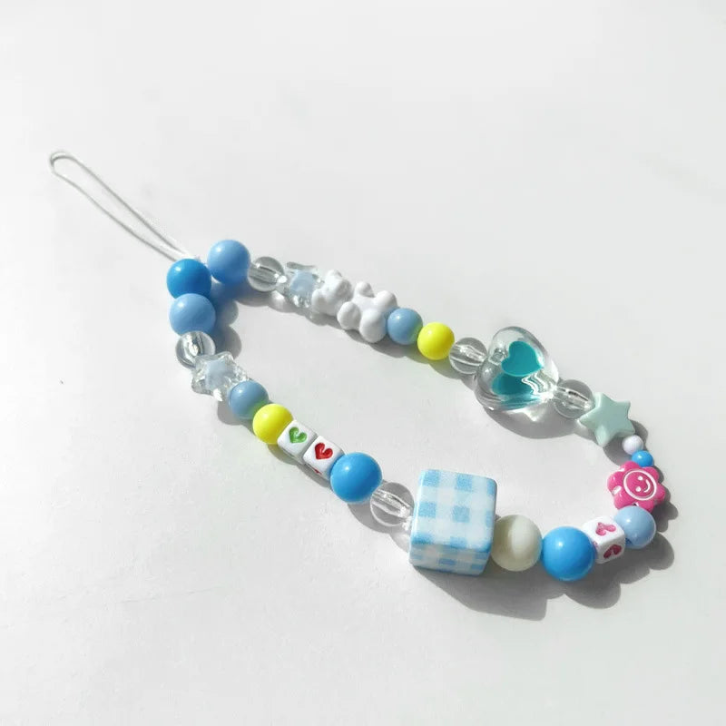 1Pc Blue Lovely INS Small Fresh Crystal Beaded Mobile Phone Lanyard Casual Cute Girl CCD Bag Key Chain Strap DIY Decor Pendant