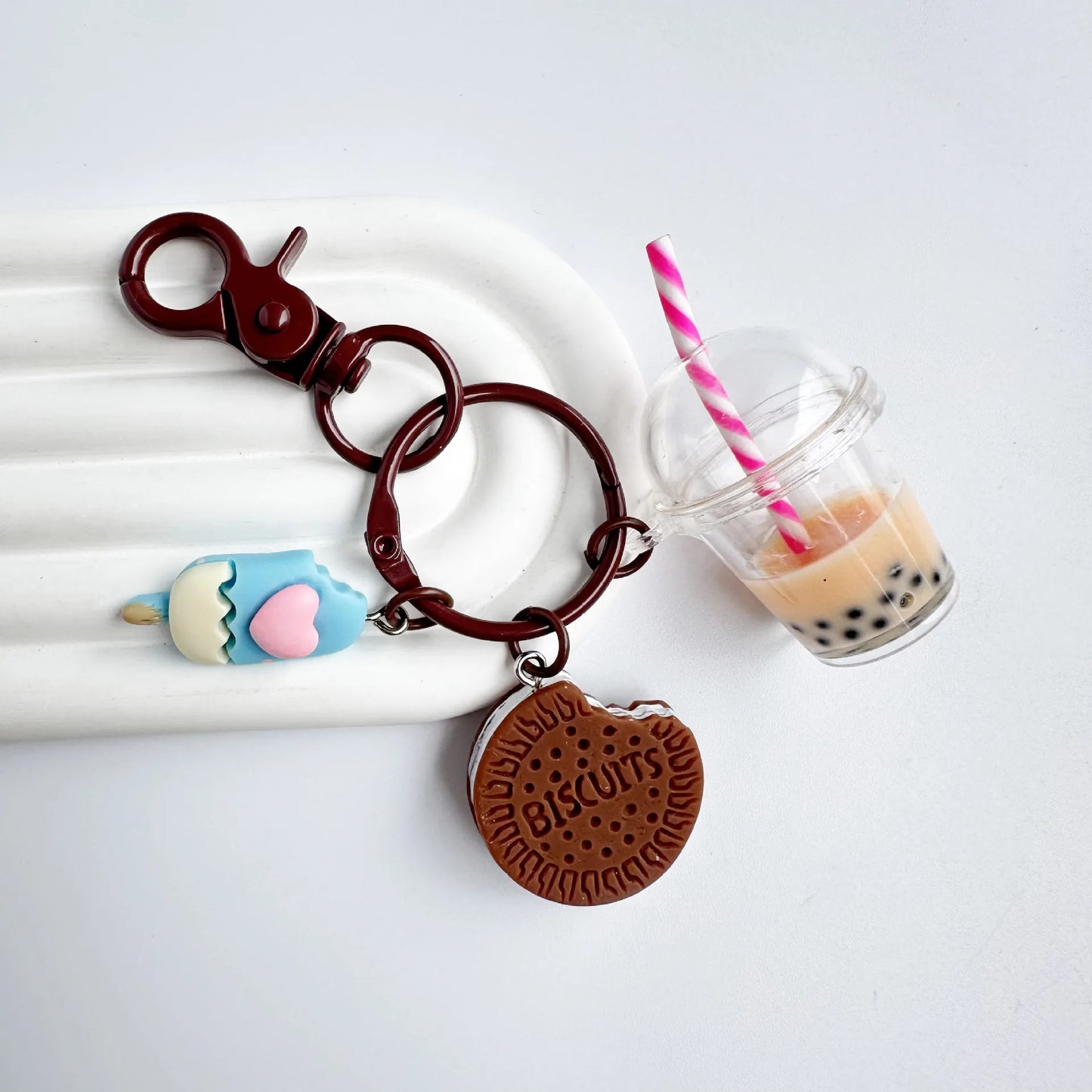 1Pcs New Cute Keychains Ice-cream Bubble Tea Biscuit Pink Key Rings Friendship for Best Friend Women Girl Handbag Gifts Jewelry
