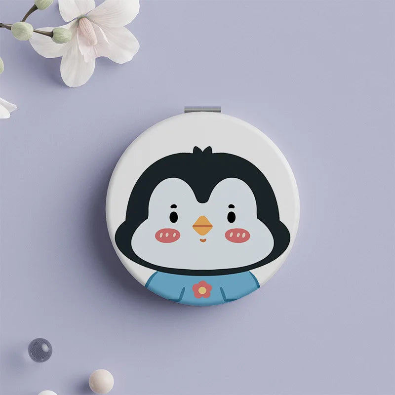 Portable Double-Side Folding Makeup Mirror Mini Round Cartoon Pattern Pocket Compact Vanity Handheld Mirror Travel Cosmetic Tool