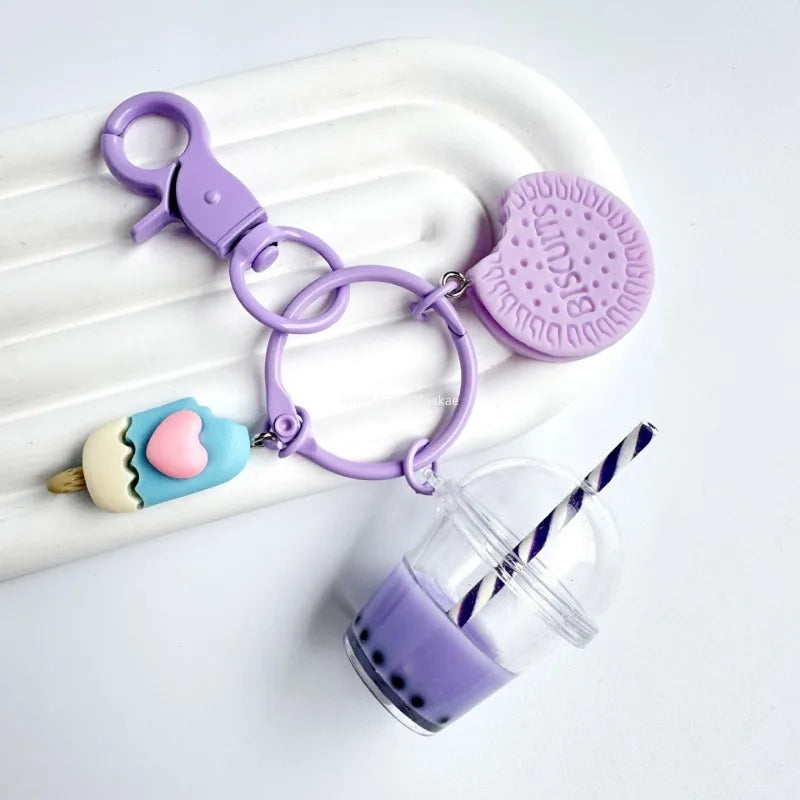 1Pcs New Cute Keychains Ice-cream Bubble Tea Biscuit Pink Key Rings Friendship for Best Friend Women Girl Handbag Gifts Jewelry