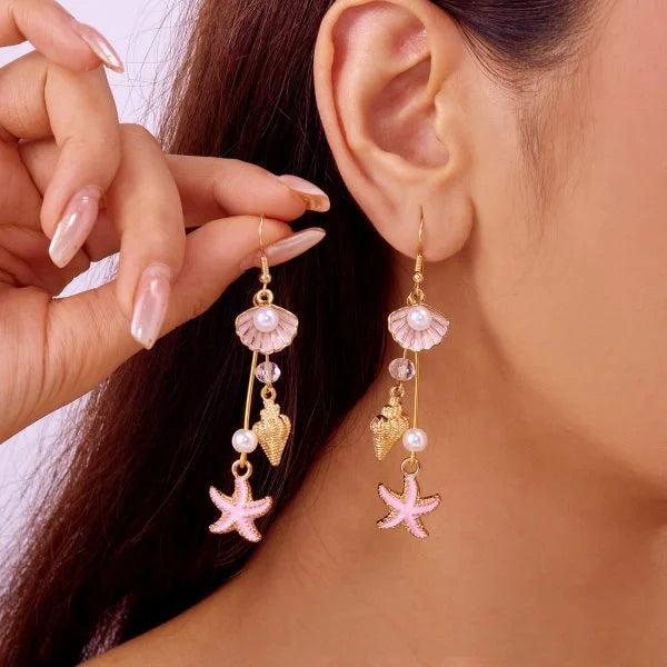 Fashion Asymmetric Ocean Style Earrings Stud For Women Starfish Shell Earring Ear Ring Imitation Pearl Zircon Jewelry Gift