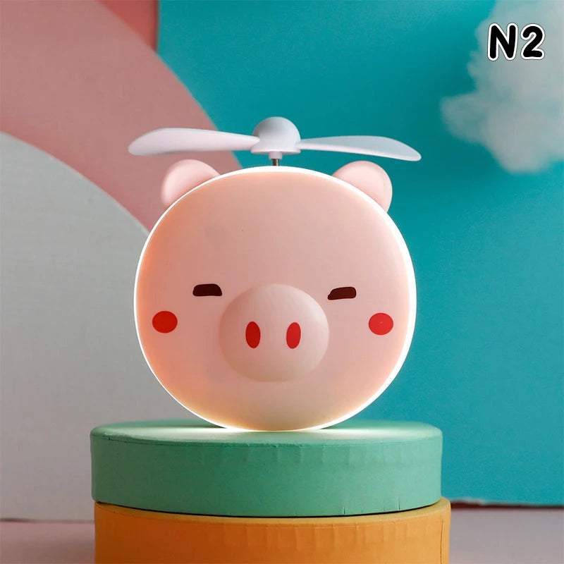 Cute Piggy Makeup Mirror With Led Light Handheld Cosmetic Mirror With Small Fan Girls Travel Portable Vanity Mirror HD Mirror