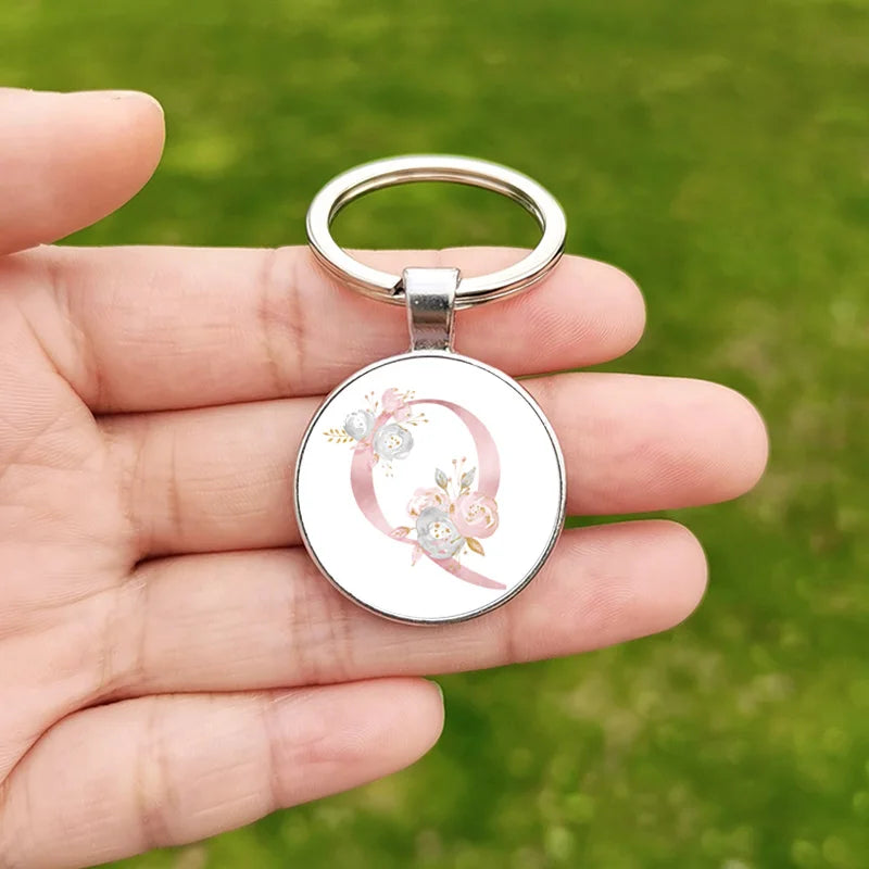 26 Letter Keychain Wholesale Creative Flower Alphabet ABCD Name Design Glass Cabochon Key Chain Christmas Gift for Friends