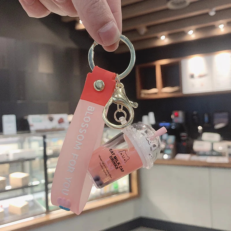 Cartoon Cat Liquid Milk Tea Cup Drinks Key Chain Flower Lanyard Cute Moving Quicksand Keychain For Women Bag Pendant Kids Gifts