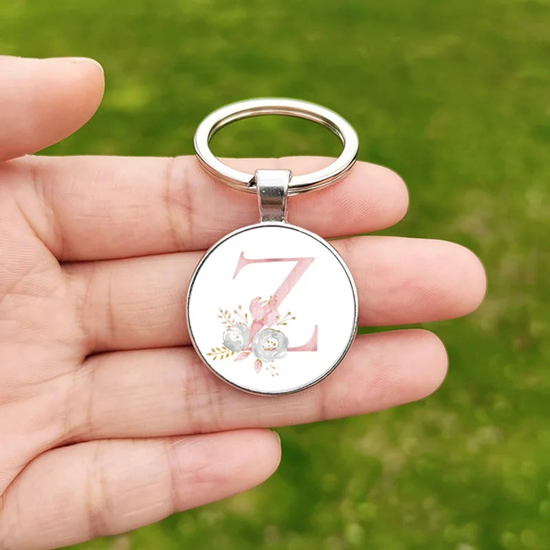26 Letter Keychain Wholesale Creative Flower Alphabet ABCD Name Design Glass Cabochon Key Chain Christmas Gift for Friends