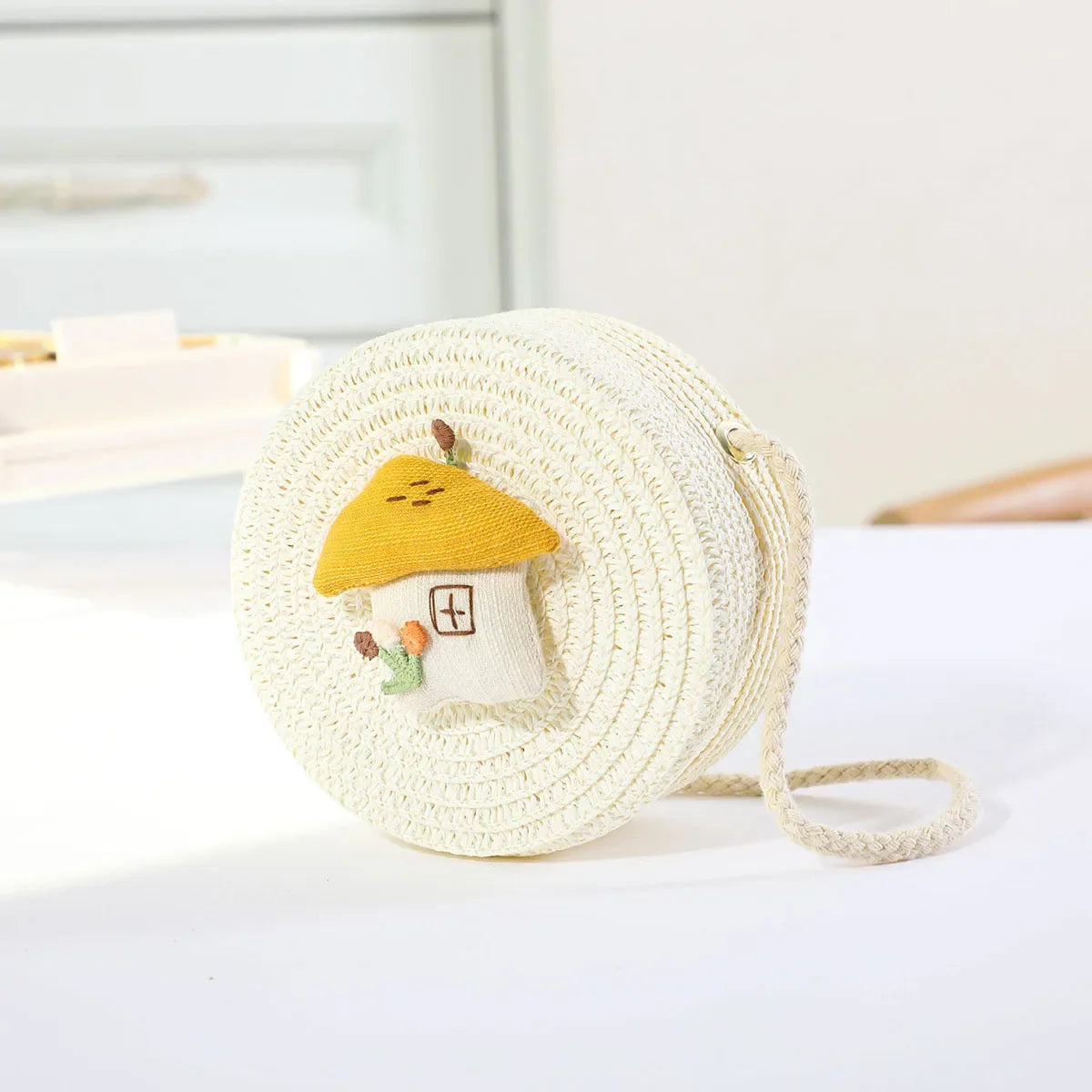 Fashion Round Woven Bow Girls Crossbody Bag Simple Baby Kids Beach Purse Clutch Casual Straw Flower Children's Shoulder Bags