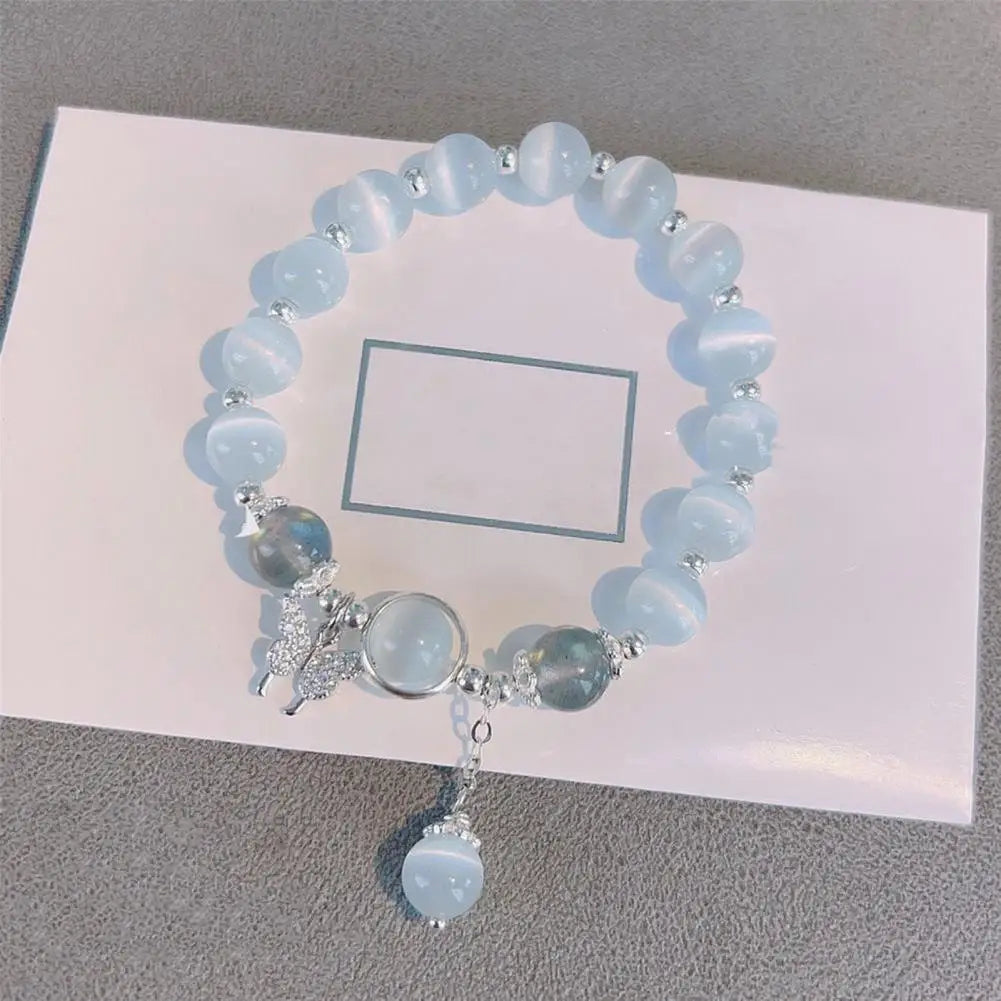 Women Bracelet Imitation Opal Butterfly Pendant Elastic Bead Chain Bracelet Lady Birthday Gift Exquisite Wrist Bracelet Jewelry