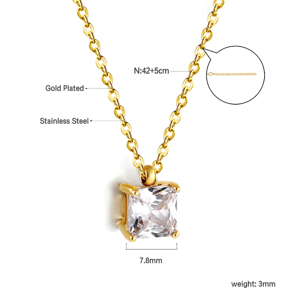 LUXUSTEEL Retro Colorful Square Crystal Pendant Necklace For Women Stainless Steel Figaro Chain Green White Red CZ Wedding Gift