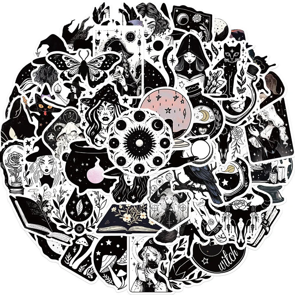 10/30/50PCS Black White Magic Witch Cartoon Sticker DIY Phone Laptop Luggage Skateboard Graffiti Decals Fun for Kid Toy