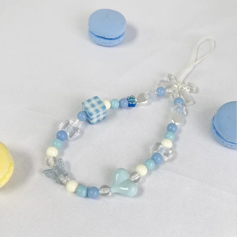 1Pc Blue Lovely INS Small Fresh Crystal Beaded Mobile Phone Lanyard Casual Cute Girl CCD Bag Key Chain Strap DIY Decor Pendant