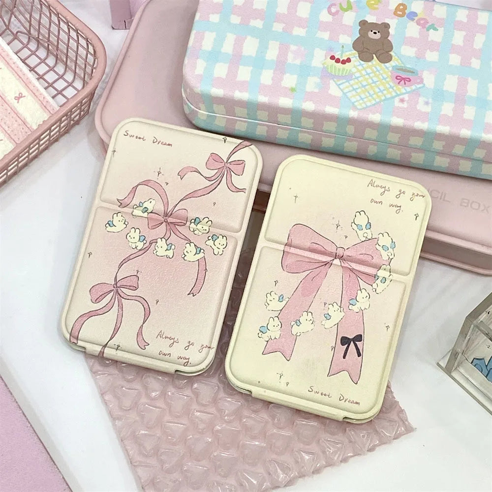 Portable Foldable Makeup Mirror PU Leather Handheld Mirrors Cute Bow Bunny Cat Bear Mini Pocket Girls Student Cosmetic Mirror