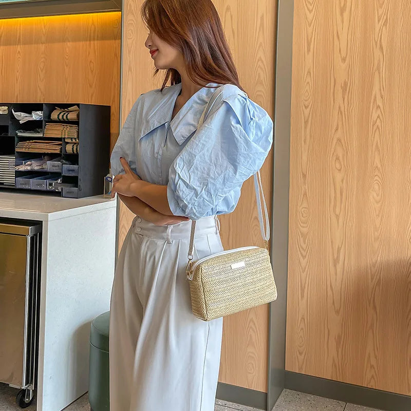 Solid Color Bag Women Woven Shoulder Bag Messenger Bag Fashion Straw Beach Bag Purses and Handbags Bolsa De Paja Drop Shipping