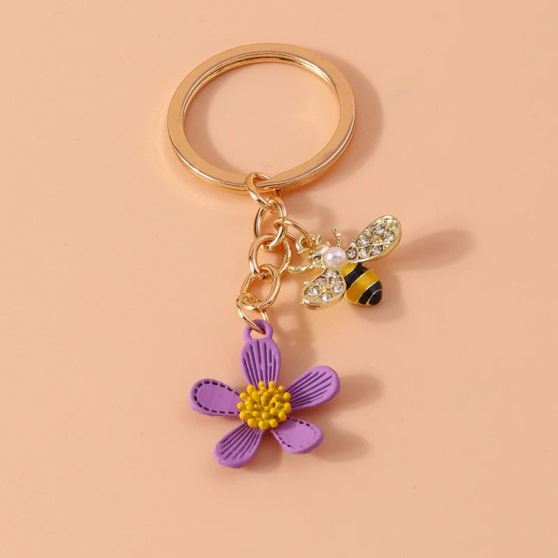Cute Enamel Flower Keychain Butterfly Key Rings Pendants for Key Holder Women Girls Handbag Decor DIY Jewelry Gifts
