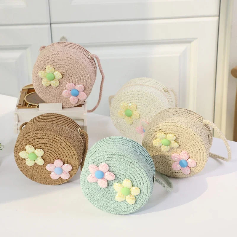 Fashion Round Woven Bow Girls Crossbody Bag Simple Baby Kids Beach Purse Clutch Casual Straw Flower Children's Shoulder Bags