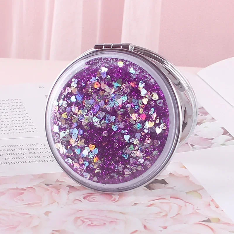 Portable Double-Sided Folding Cosmetic Mirror Female Gifts With Flowing Sparkling Sand Mini Makeup Mirror Compact Pocket Mirrors