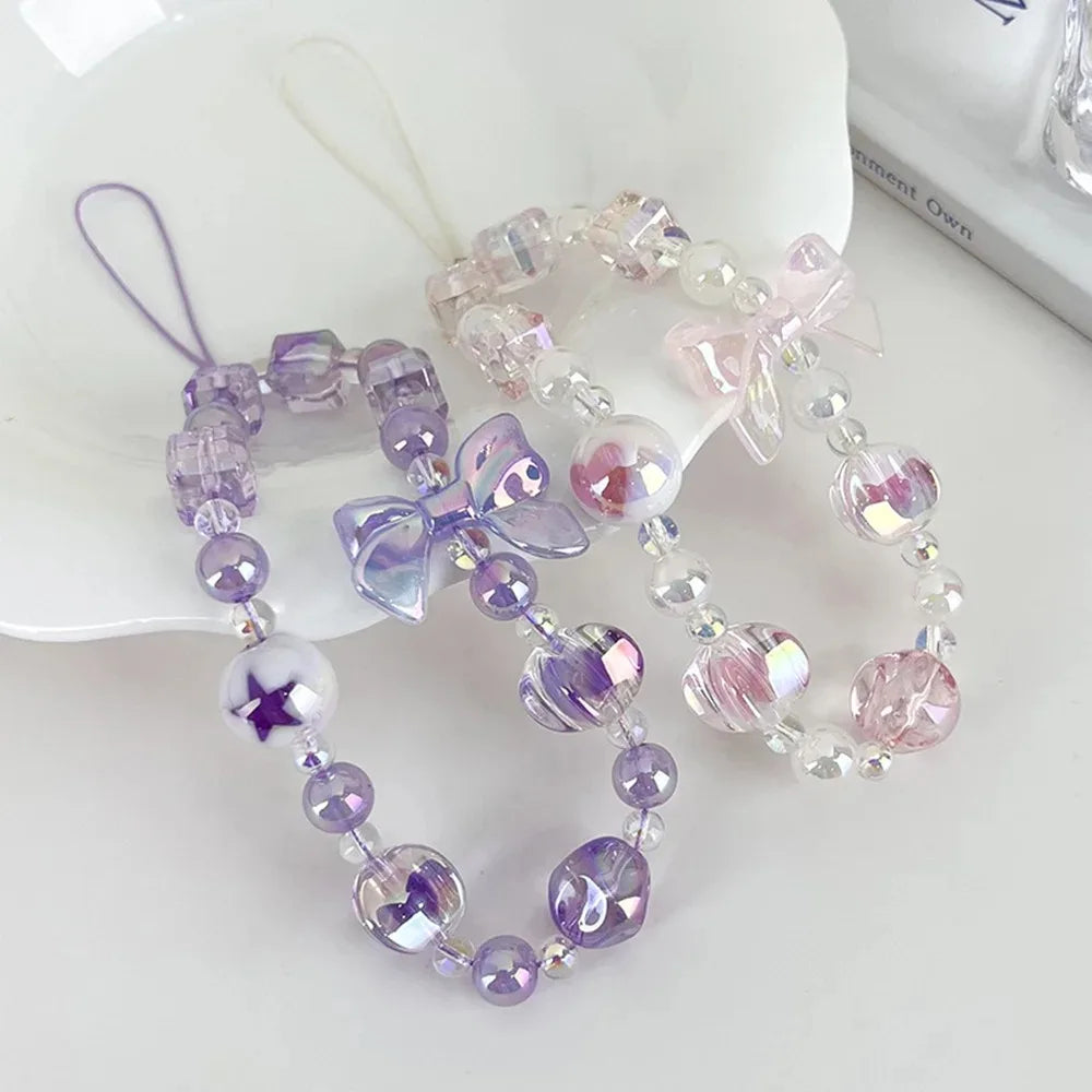 New Sweet Bow Cell Phone Chain Cute Beaded Sweet Bag Hangings Bow Anti-loss Anti-loss Lanyard Jewelry Women