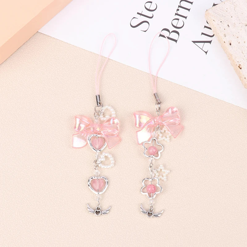 Kawaii Clear Heart Bow Knot Pendant Phone Charm Strap Camera Lanyard Sweet Cool Girl Jewelry Keychain