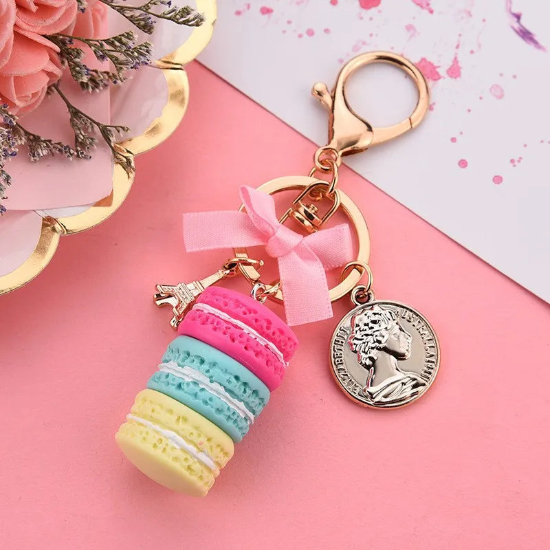 Lovely Macaron Cake Eiffel Tower Food Keychain Bowknot Car Keyring Bag Purse Pendant Food Cake Macaroon Key Chain