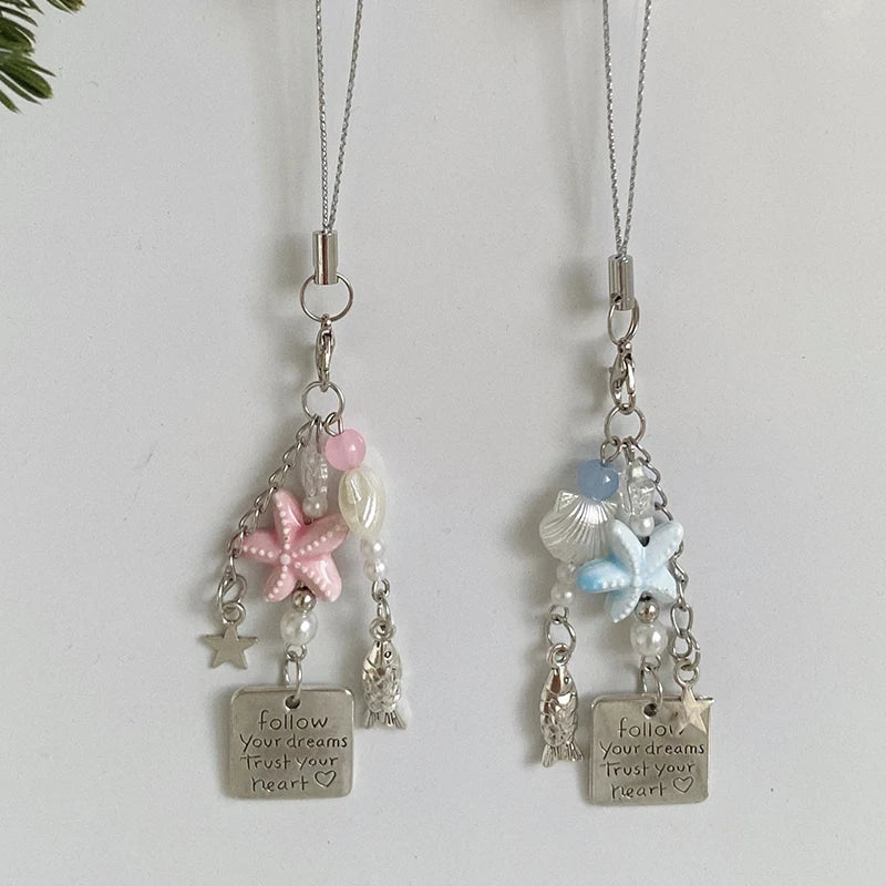 Summer Starfish Fish Phone Chain Y2K Sweet Beaded Mobile Phone Lanyard Keychain Girly Cute Ins Phone Charm Pendant