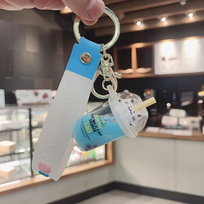 Cartoon Cat Liquid Milk Tea Cup Drinks Key Chain Flower Lanyard Cute Moving Quicksand Keychain For Women Bag Pendant Kids Gifts
