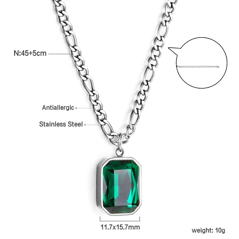 LUXUSTEEL Retro Colorful Square Crystal Pendant Necklace For Women Stainless Steel Figaro Chain Green White Red CZ Wedding Gift