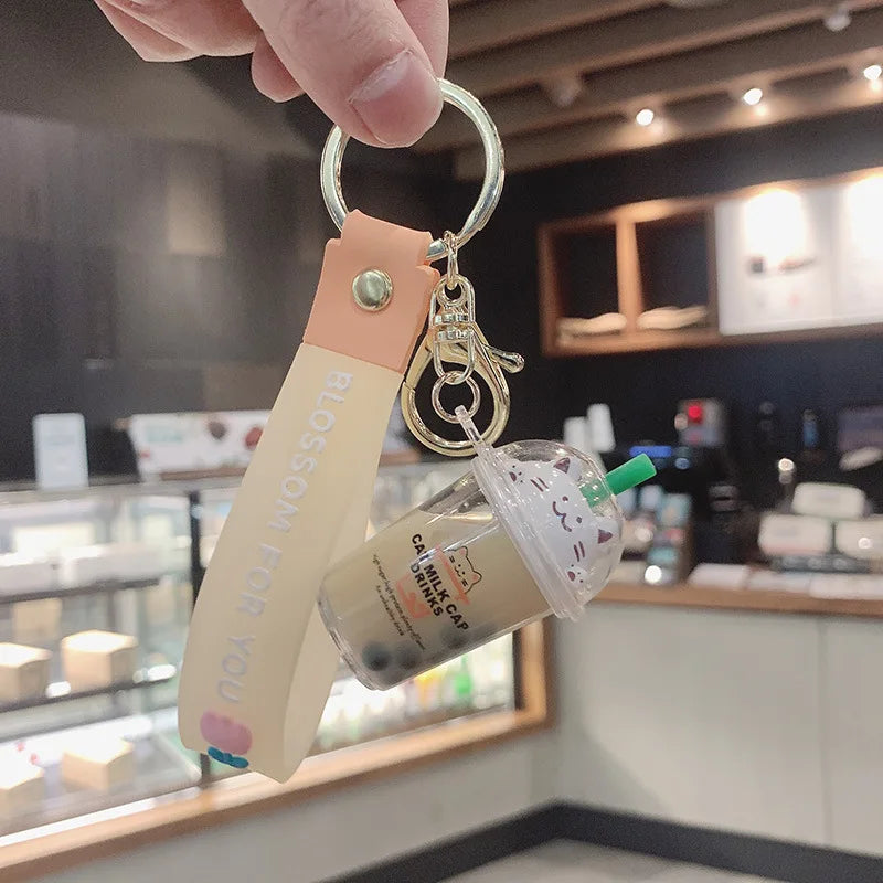 Cartoon Cat Liquid Milk Tea Cup Drinks Key Chain Flower Lanyard Cute Moving Quicksand Keychain For Women Bag Pendant Kids Gifts