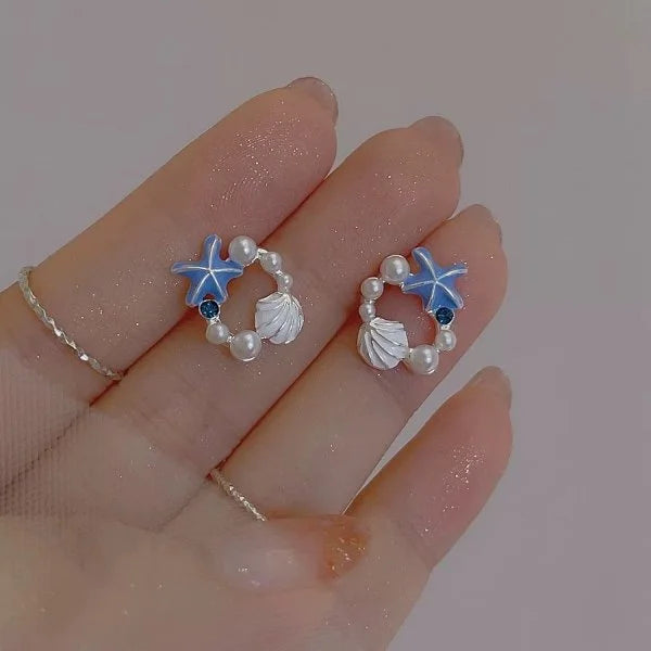 Fashion Asymmetric Ocean Style Earrings Stud For Women Starfish Shell Earring Ear Ring Imitation Pearl Zircon Jewelry Gift