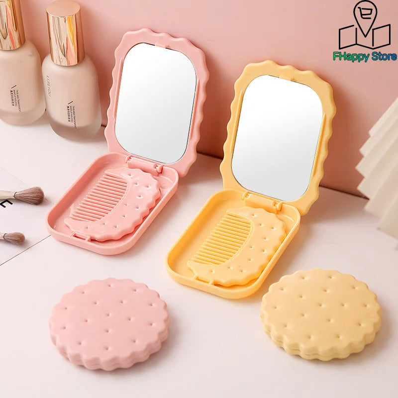 Mini Biscuit Hand-Held Mirror Portable Cheese Biscuit Design Biscuit Make-Up Mirror Cute Folding Biscuit Pocket Mirror Travel