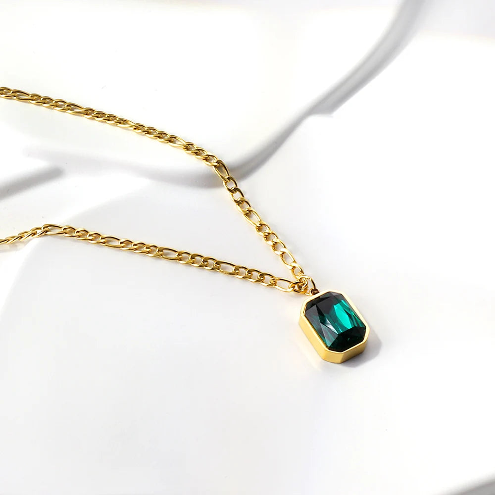 LUXUSTEEL Retro Colorful Square Crystal Pendant Necklace For Women Stainless Steel Figaro Chain Green White Red CZ Wedding Gift