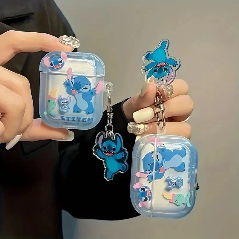 Kawaii Cartoon Stitch Case For Airpods 4 3 2 1 Pro Pro2 Anime Lilo & Stitch Protective Earphone Cover With Key Ring Kids Gifts