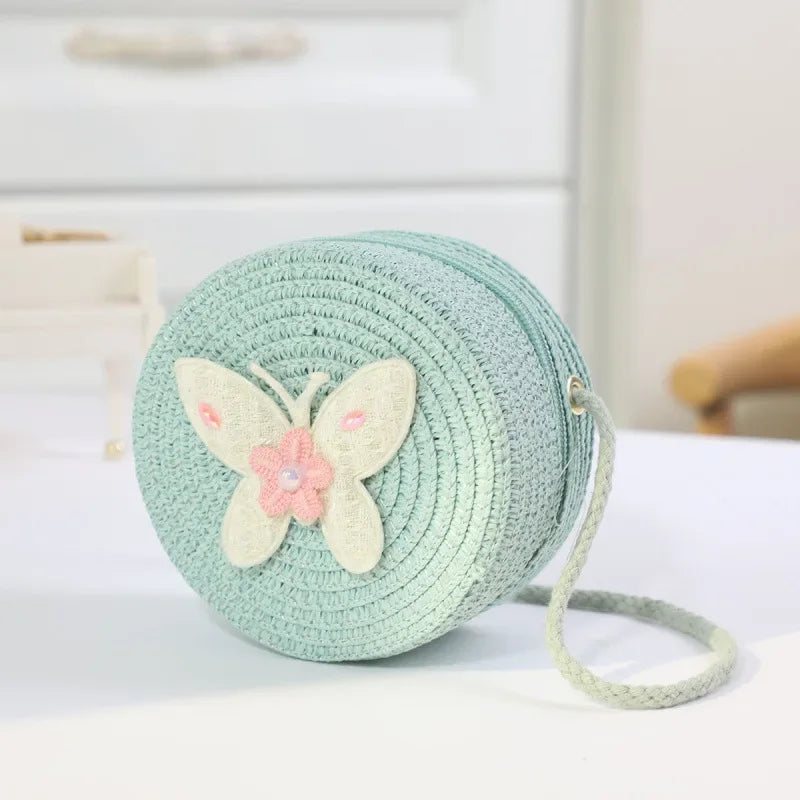 Fashion Round Woven Bow Girls Crossbody Bag Simple Baby Kids Beach Purse Clutch Casual Straw Flower Children's Shoulder Bags