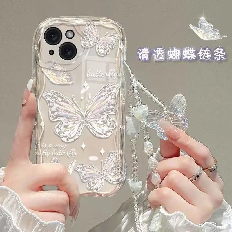 Korean Butterfly Bracelet Chain Case For iPhone 16 15 12 11 Pro Max 14 Plus 13 Mini 16E X XS XR 7 8 Plus SE Funda With Lanyard