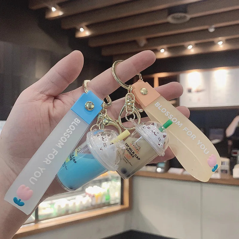 Cartoon Cat Liquid Milk Tea Cup Drinks Key Chain Flower Lanyard Cute Moving Quicksand Keychain For Women Bag Pendant Kids Gifts