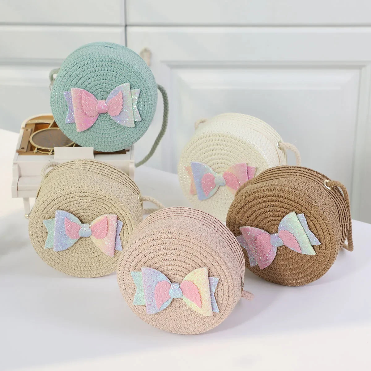 Fashion Round Woven Bow Girls Crossbody Bag Simple Baby Kids Beach Purse Clutch Casual Straw Flower Children's Shoulder Bags