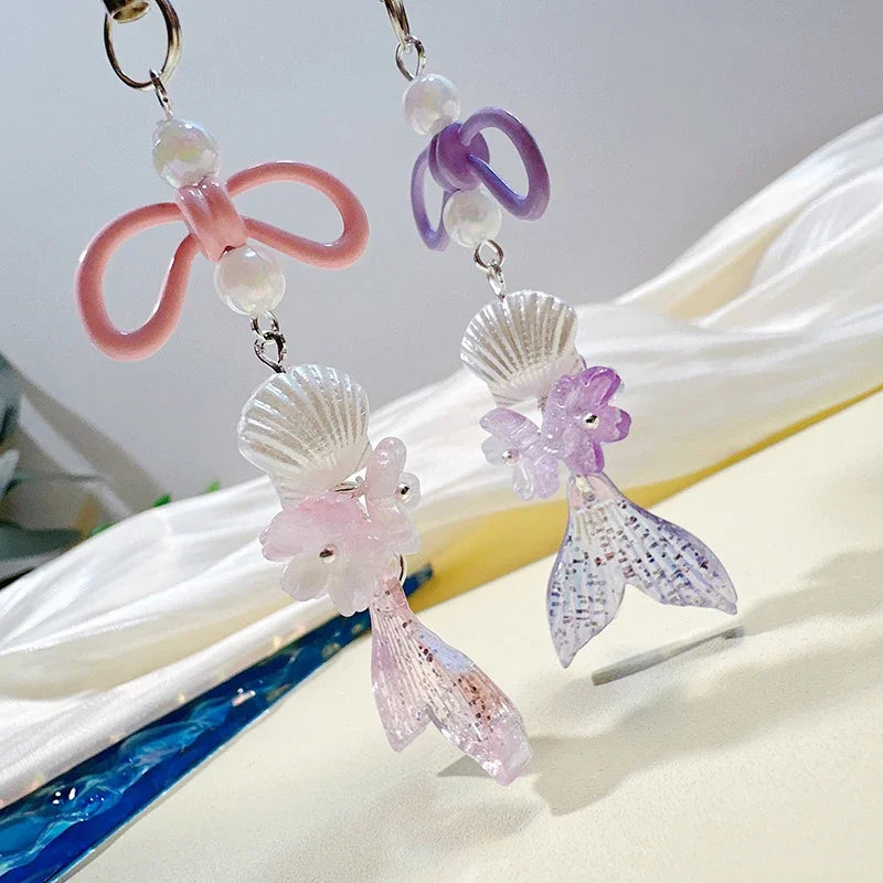 Acrylic Laser Bow Cherry Blossom Mermaid Mobile Phone Straps Phone Chain Pendant Universal Phone Keychain Backpack Decor