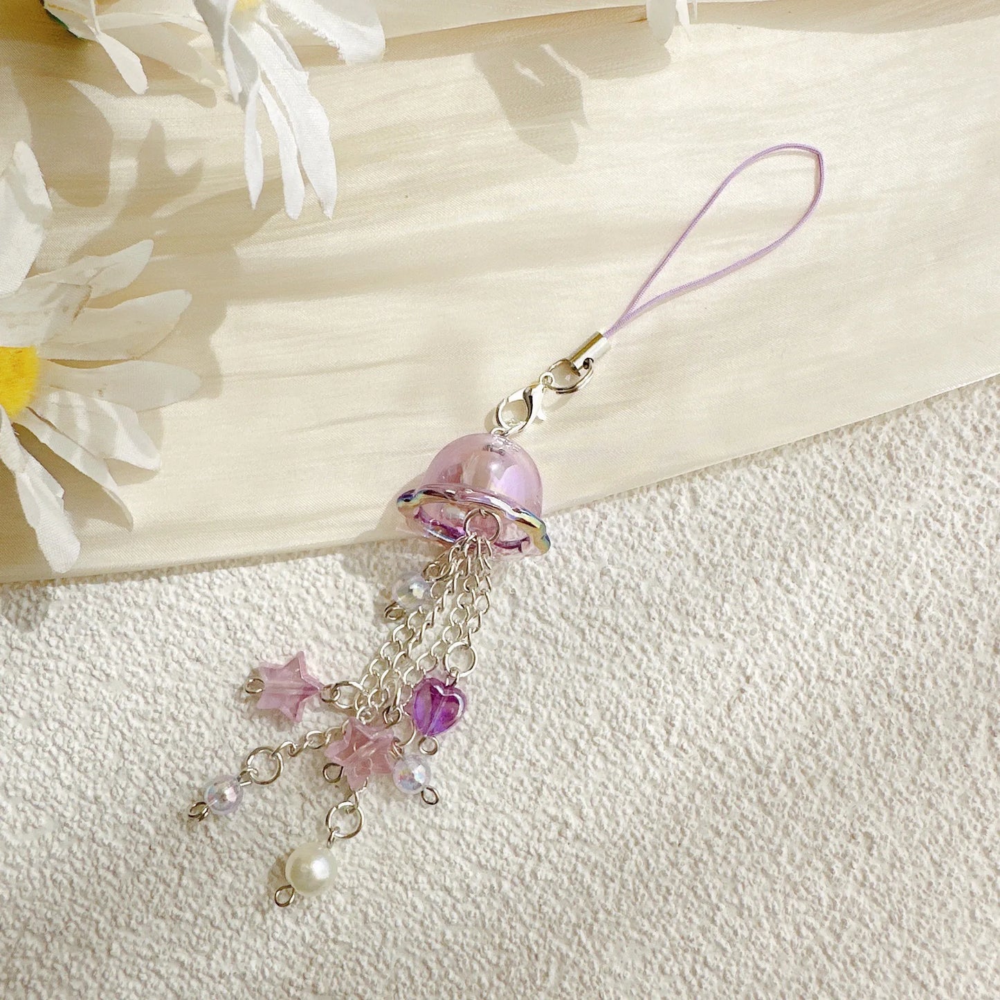 Phone Charm Strap Jellyfish Wind Chime Lily Flower Pendant Keychain Cute Key Phone Lanyard Women Girl Bag Ornament