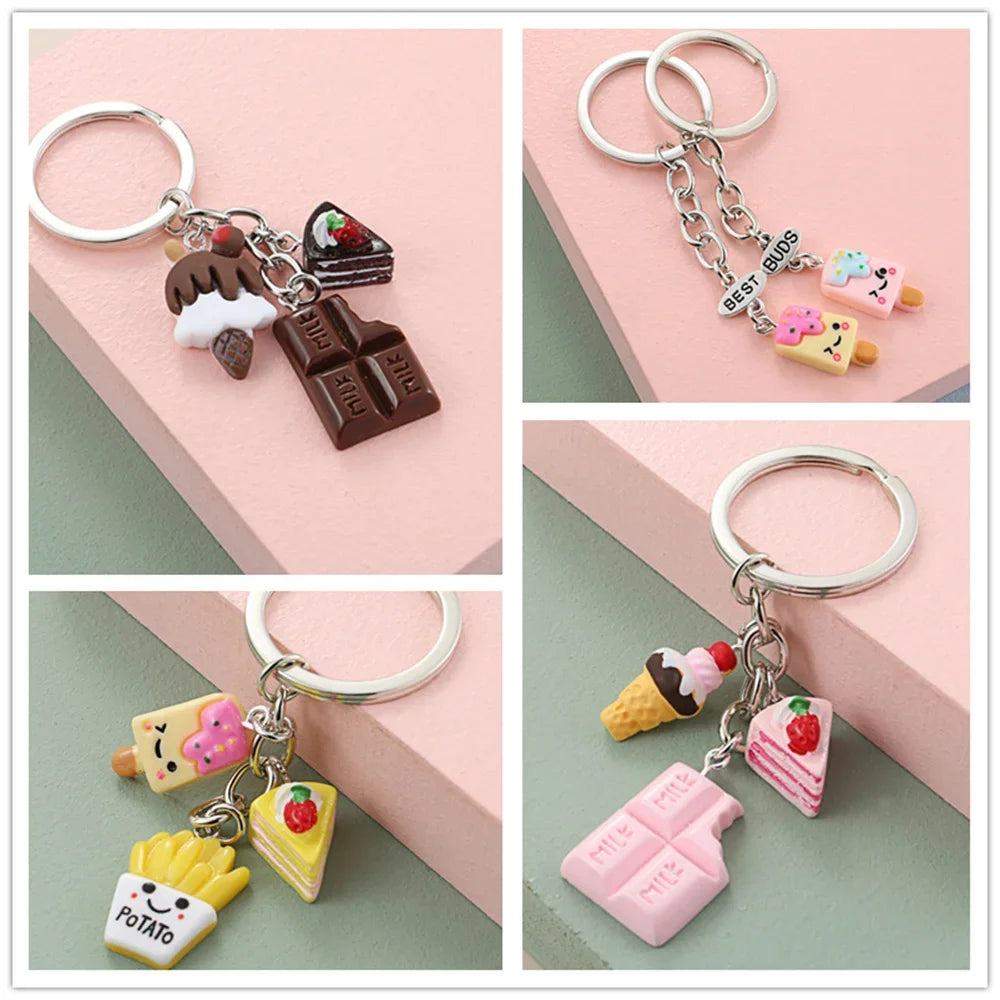 Lovely Dessert Keychain Afternoon Tea Key Ring Ice Cream Chocolate Cake Potato Food Key Chain Women Girl Gifts Handmade Jewelry