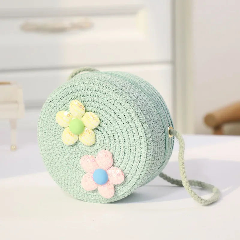 Fashion Round Woven Bow Girls Crossbody Bag Simple Baby Kids Beach Purse Clutch Casual Straw Flower Children's Shoulder Bags