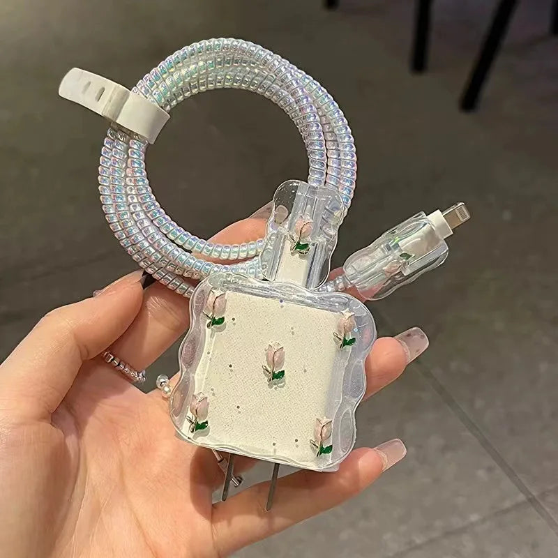 Kawaii Bow Charger Data Cable Case Protector Winding Kit for IPhone 16 15 20W Shining Bowknot Cellphone Charger Protective Case